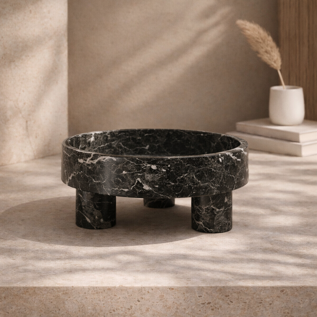 Dray Black Marble Pedestal Bowl – Luxury Sculptural Natural Stone Bowl