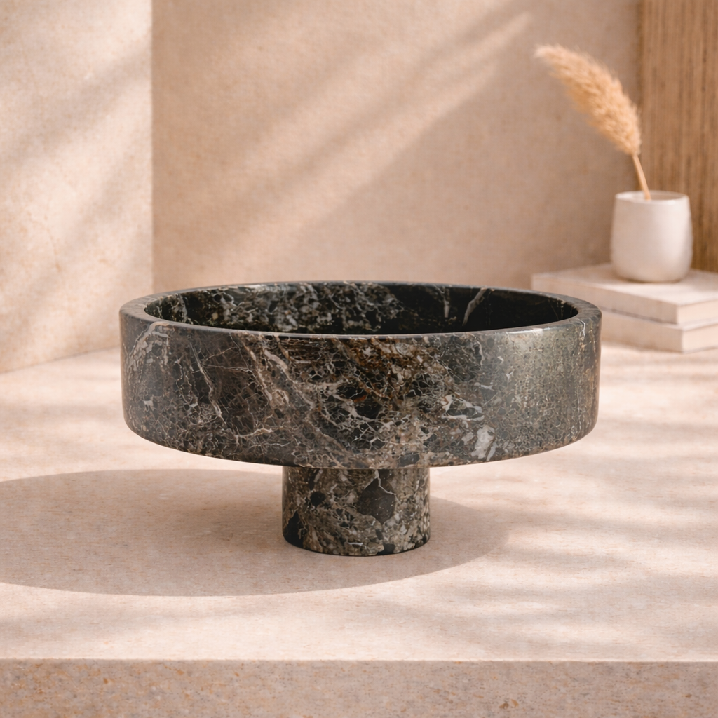Morey Black Marble Pedestal Bowl – Luxury Sculptural Natural Stone Bowl